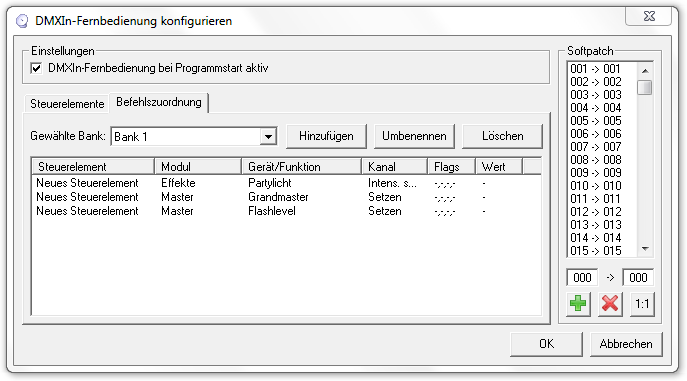 Picture 4: Konfigurationsfenster DMXIn-Fernbedienung - Befehlszuordnung -