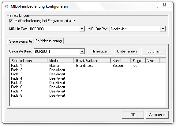 Picture 3: MIDI-Fernbedienung Konfiguration, Befehlszuordnung