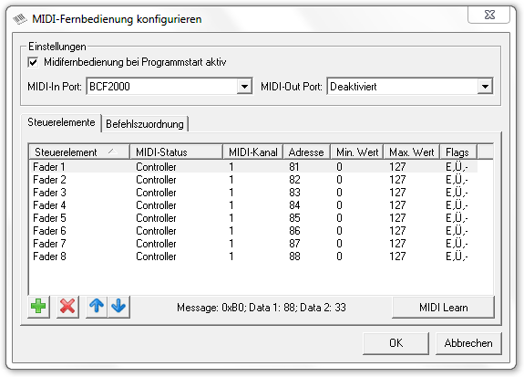 Picture 2: MIDI-Fernbedienung Konfiguration, Steuerelemente