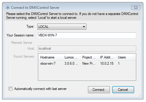 Picture 4: Lumos GUI "Connect to DMXControl Server" window